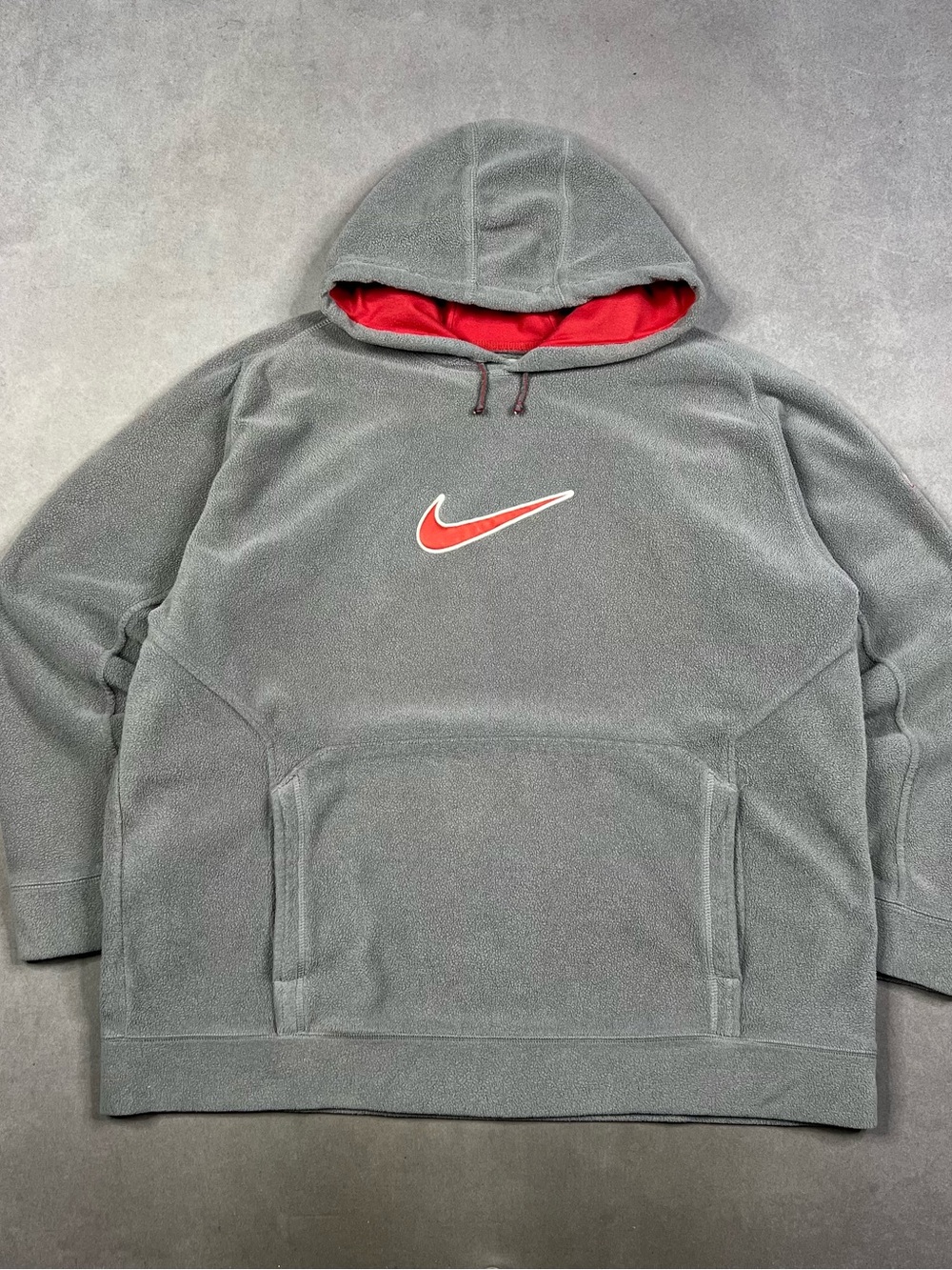 Vintage Nike Fleece Grey Hoodie with Red Swoosh and Red Lining